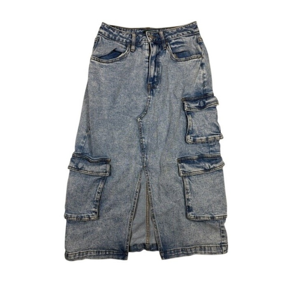 Wild Fable Women Light Acid Wash Denim Cargo Midi Skirt Front Slit Size Sm